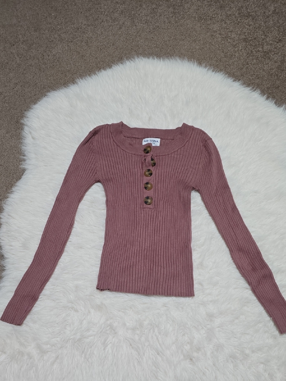 Arizona Jean Co Ribbed Button Front Top Pink Long Sleeve Size S